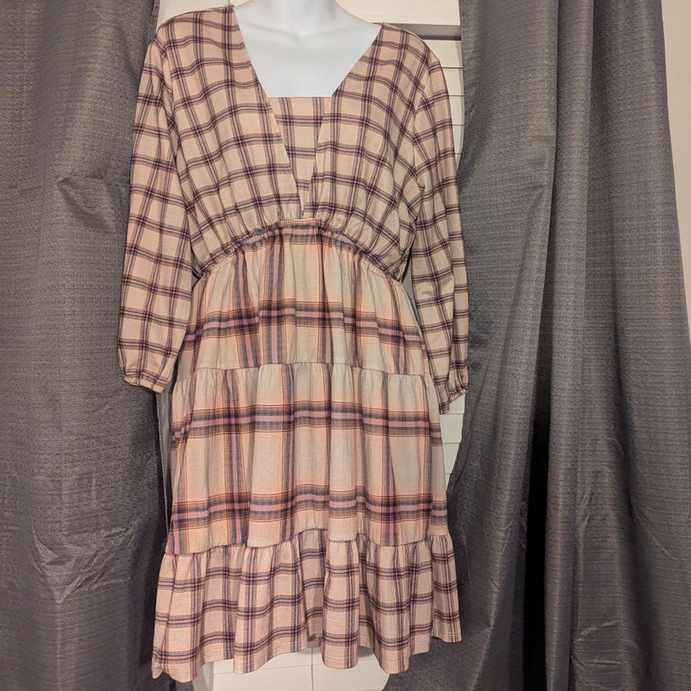 Plaid Tan V-Neck Dress